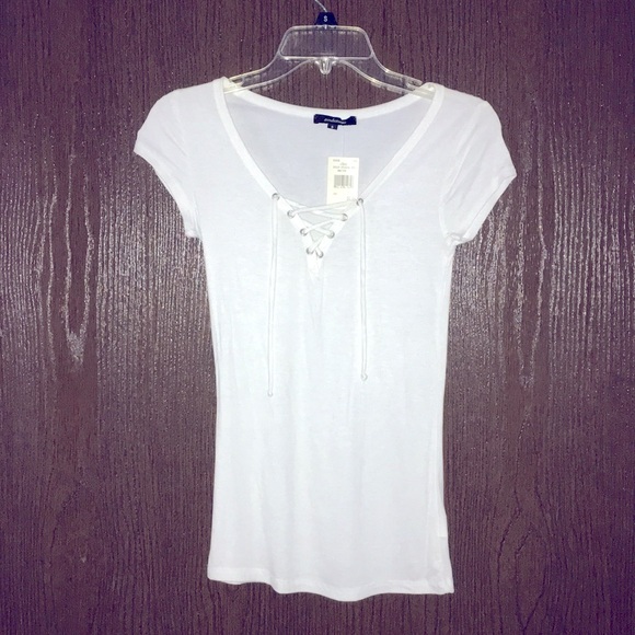 Donating soon! Short sleeved white Lace up top- S - Picture 1 of 5